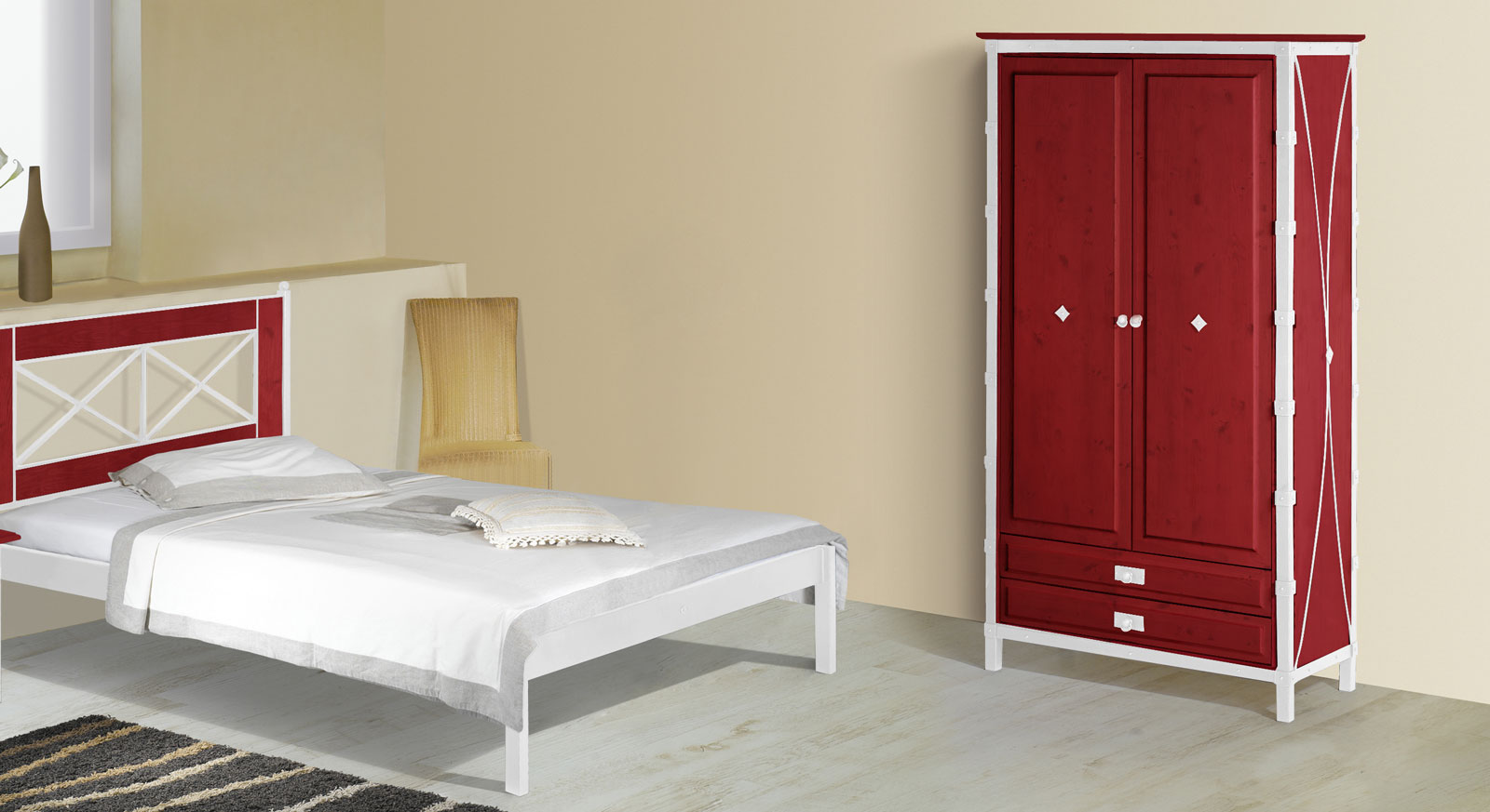 Zweitüriger Drehtüren-Kleiderschrank Lavia in Rot und Weiß-Silber