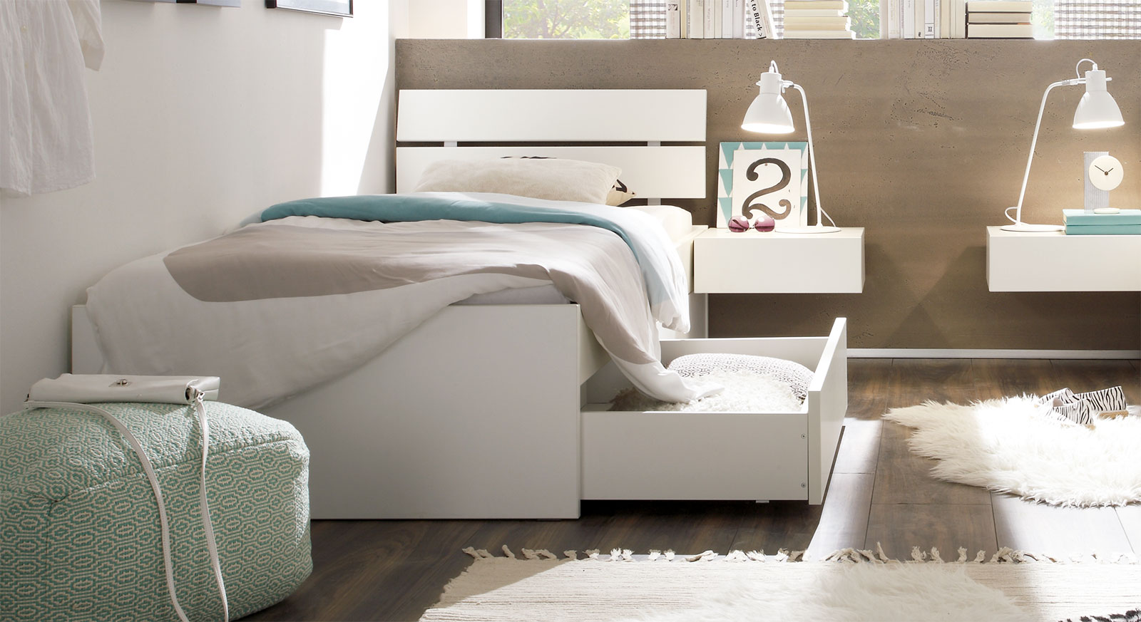 Schubkasten-Bett Mocuba aus weißer Buche