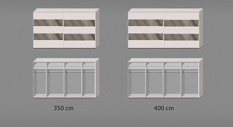 Inneneinteilungsskizze zum Schwebetüren-Kleiderschrank Baria in den Breiten 350 und 400 cm