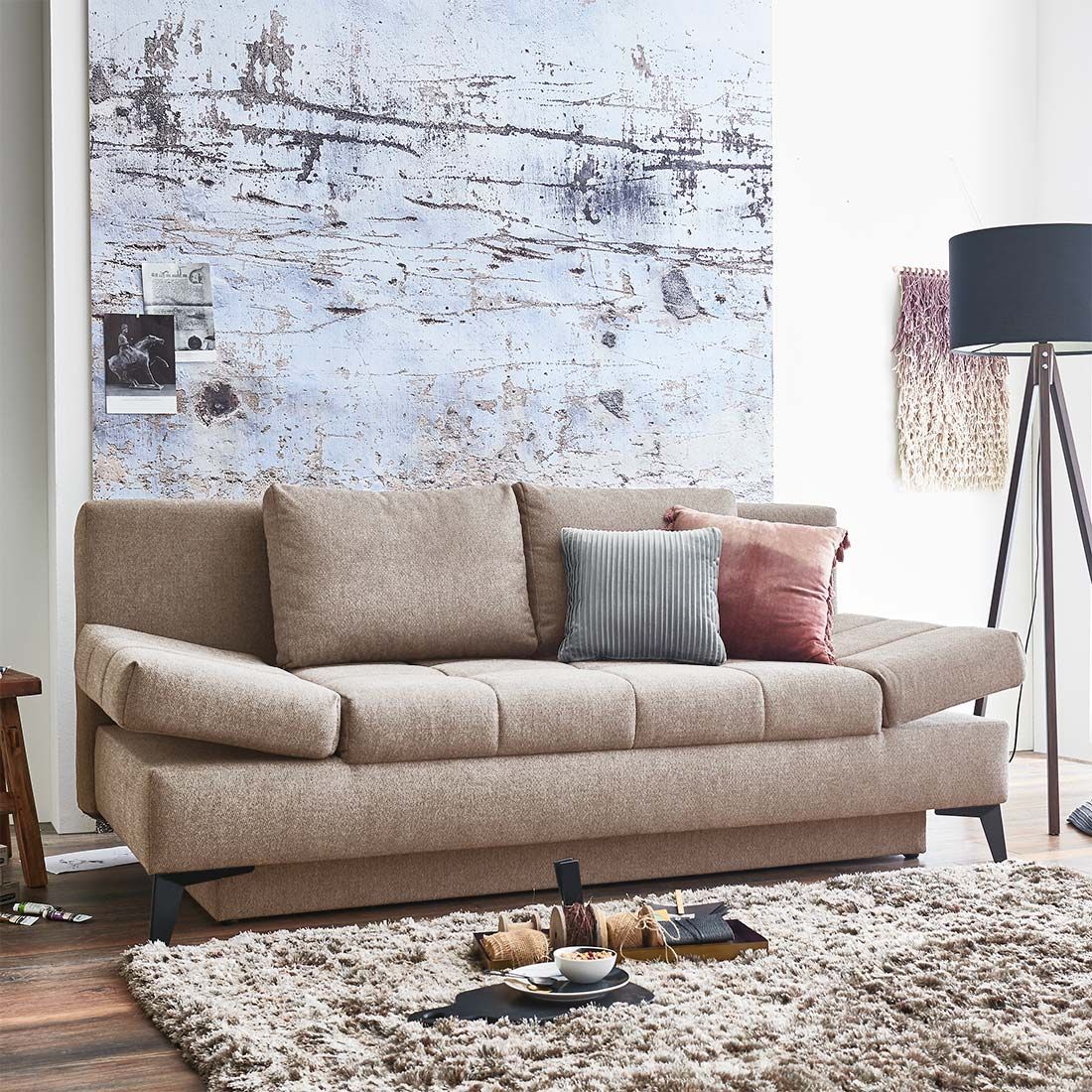 Schlafsofa Amedeo Webstoff/Velours mit Lattenrost und Bettkasten