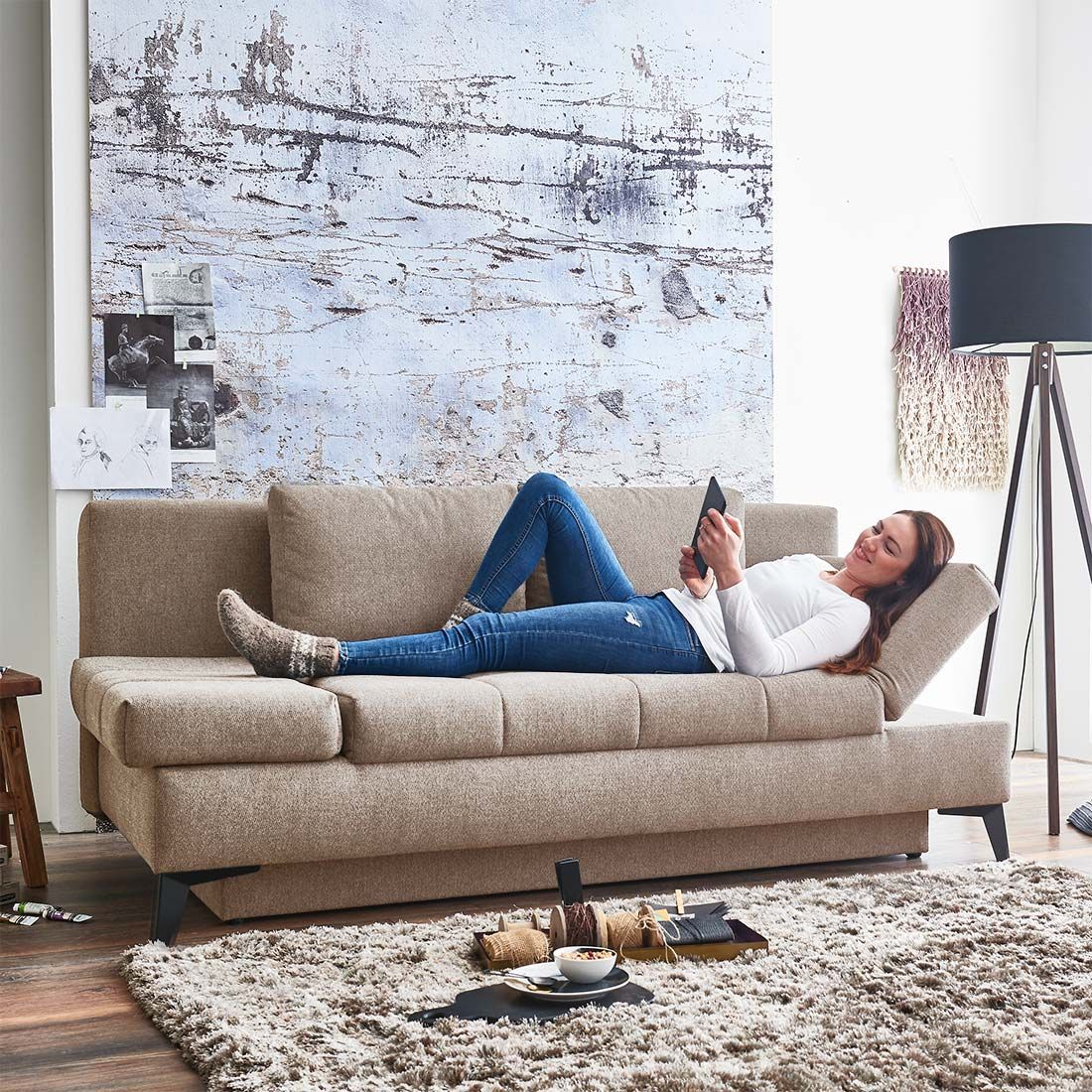 Schlafsofa Amedeo Webstoff/Velours mit Lattenrost und Bettkasten
