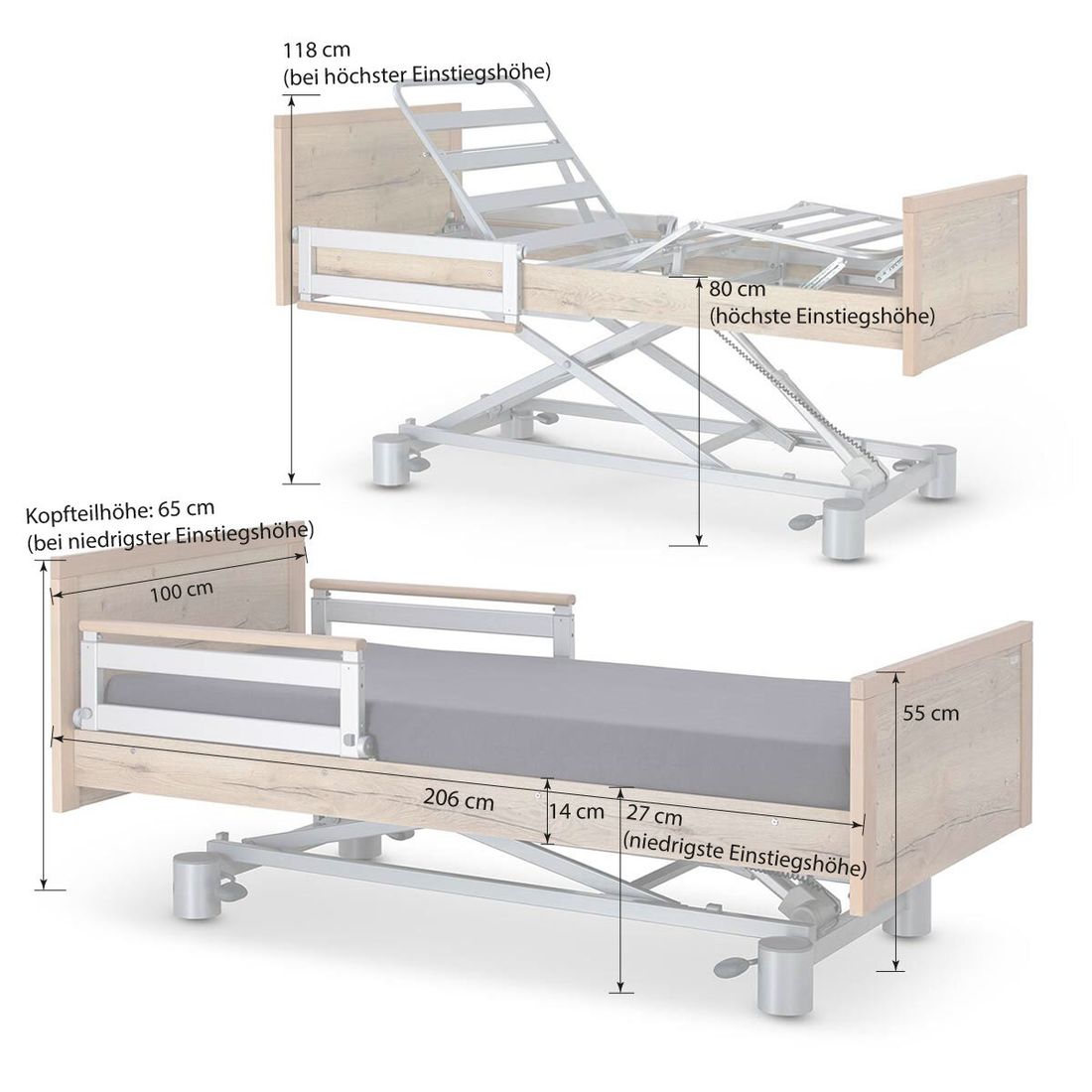 Komfortbett mit Pflegebett-Funktion Hiddensee Eiche Dekor mit Lattenrost