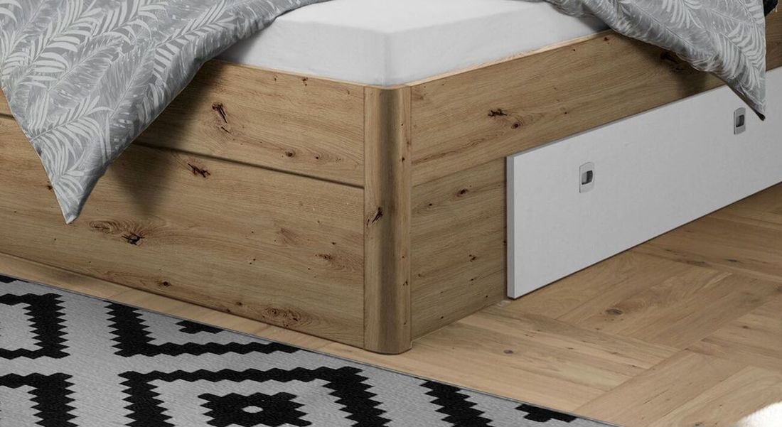 Bett Duana Komfort Eiche Dekor mit Nachttischen, Beleuchtung und Schubkasten