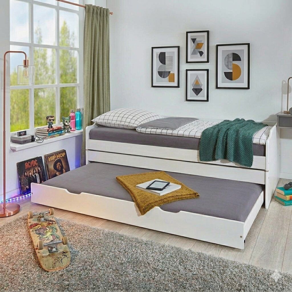 Ausziehbett 3-in-1 Kiefer Massivholz ohne Kopfteil mit Lattenrost und Bettschublade 90x200cm