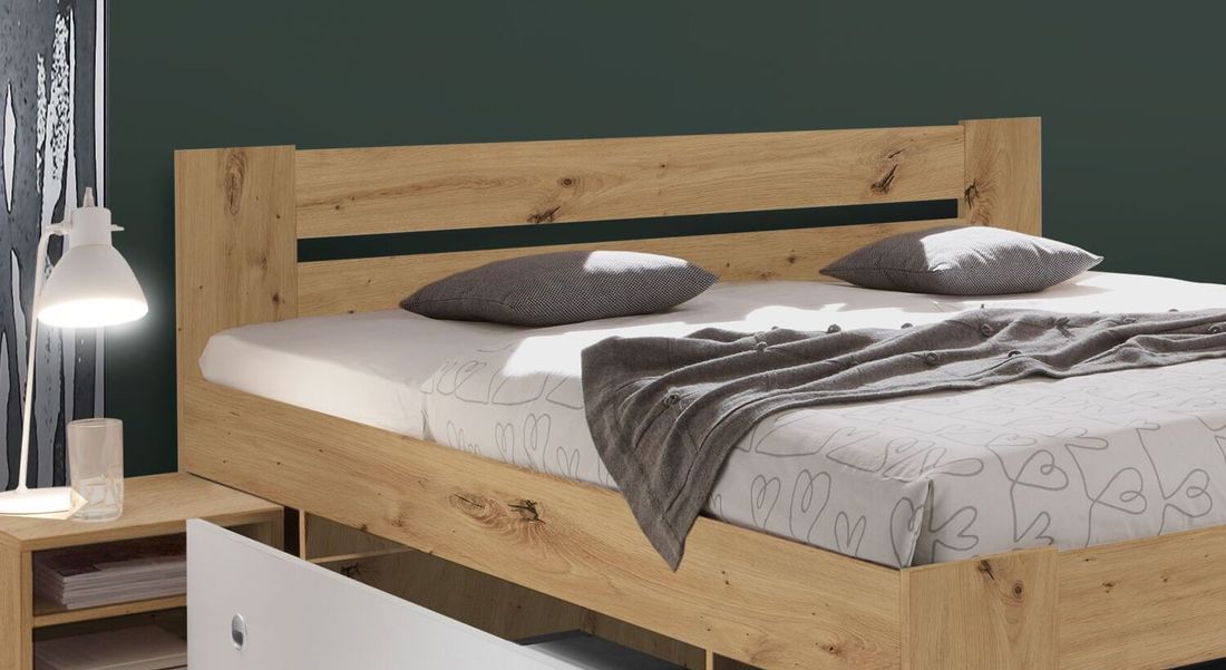 Bett Eibar Komfort Eiche Dekor mit Nachttischen und Schubkasten