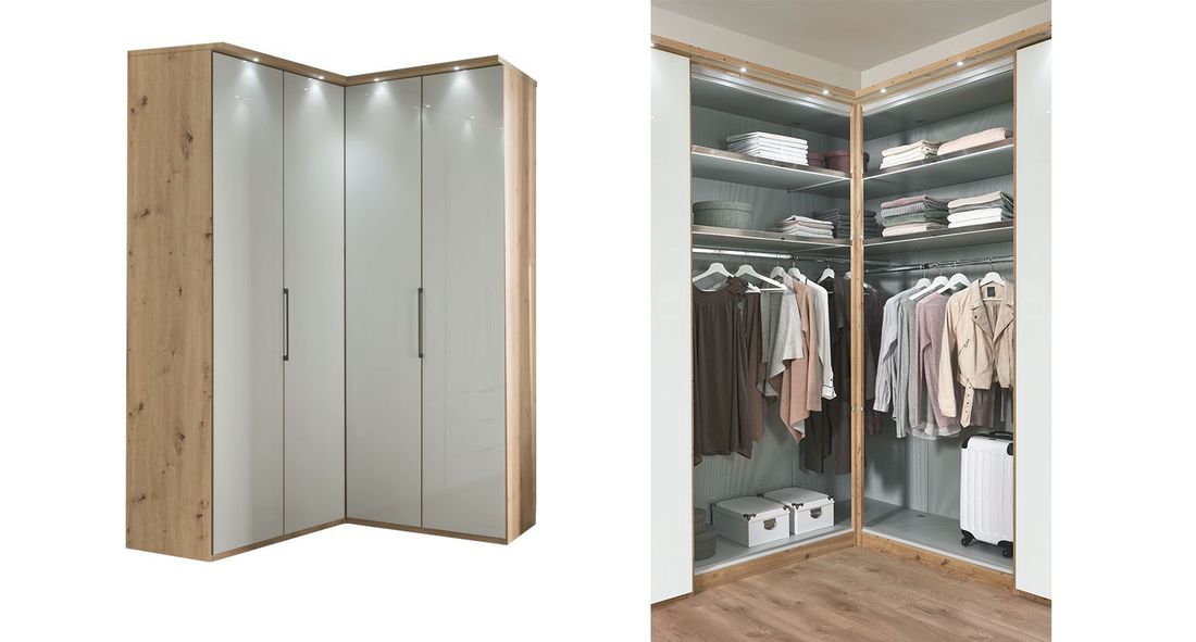 Eck-Kleiderschrank Estiva Eiche Dekor mit Glasfront