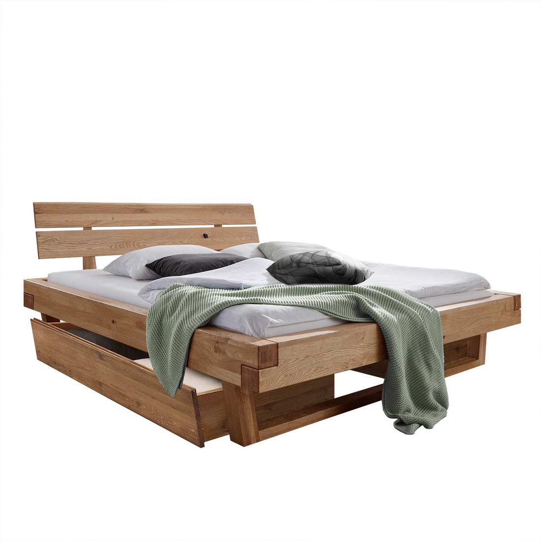 Balkenbett Muscari Wildeiche Massivholz mit Schubkasten