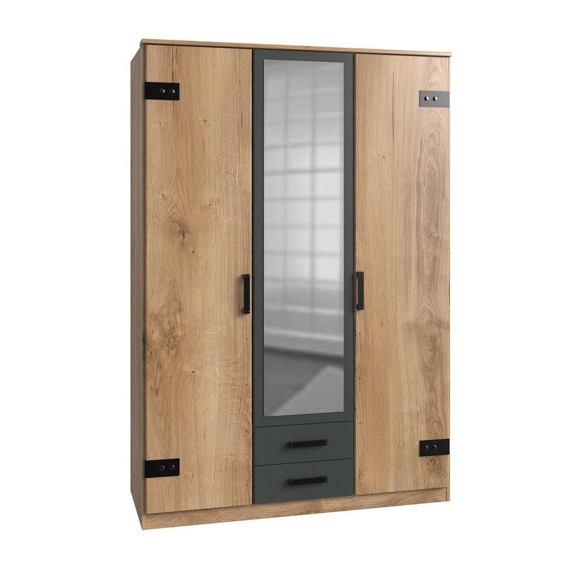Drehtüren-Kleiderschrank Nolan mit Spiegel und Schubladen 135x198cm
