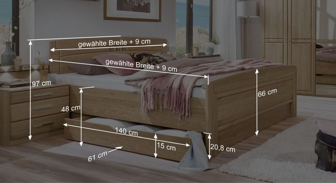 Bett Bloomfield Komfort Eiche teilmassiv mit Schubkasten