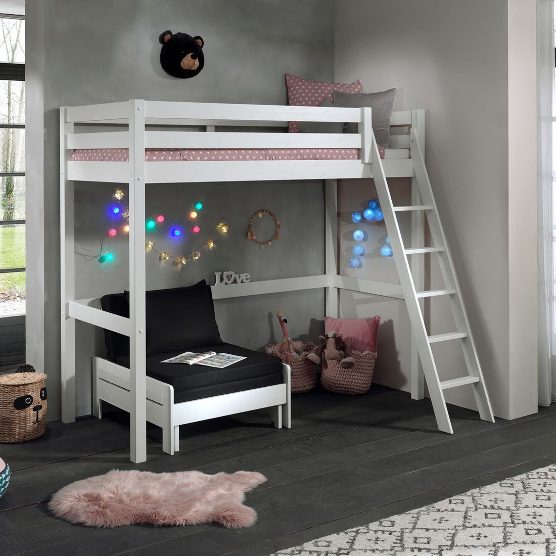 Maxi-Hochbett Kids Comfort Kiefer Massivholz mit Lattenrost und Sesselbett