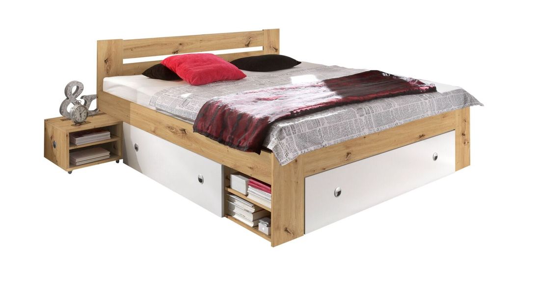 Bett Eibar Komfort Eiche Dekor mit Nachttischen und Schubkasten