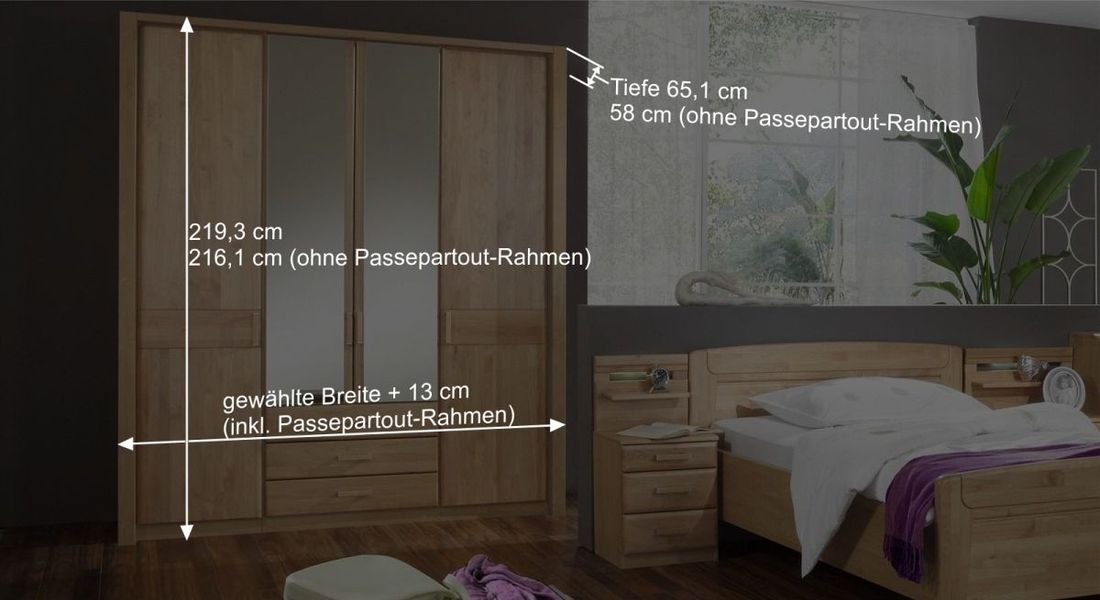 Drehtüren-Kleiderschrank Sanando Erle teilmassiv mit Spiegel und Schubladen