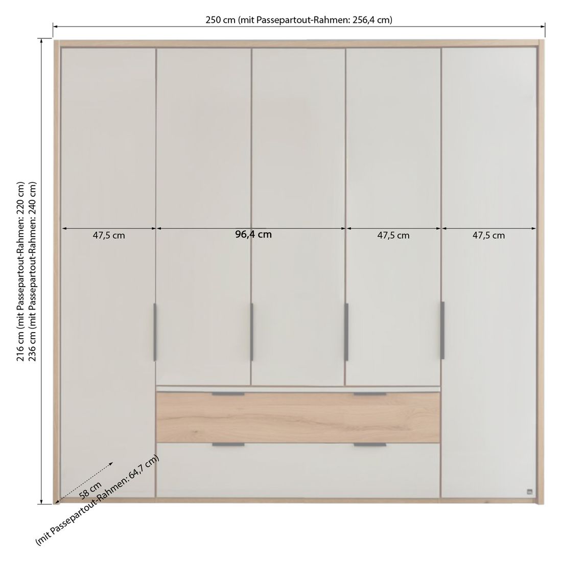 Interliving Drehtüren-Kleiderschrank 1034 Eiche Dekor mit Glasfront und Schubladen