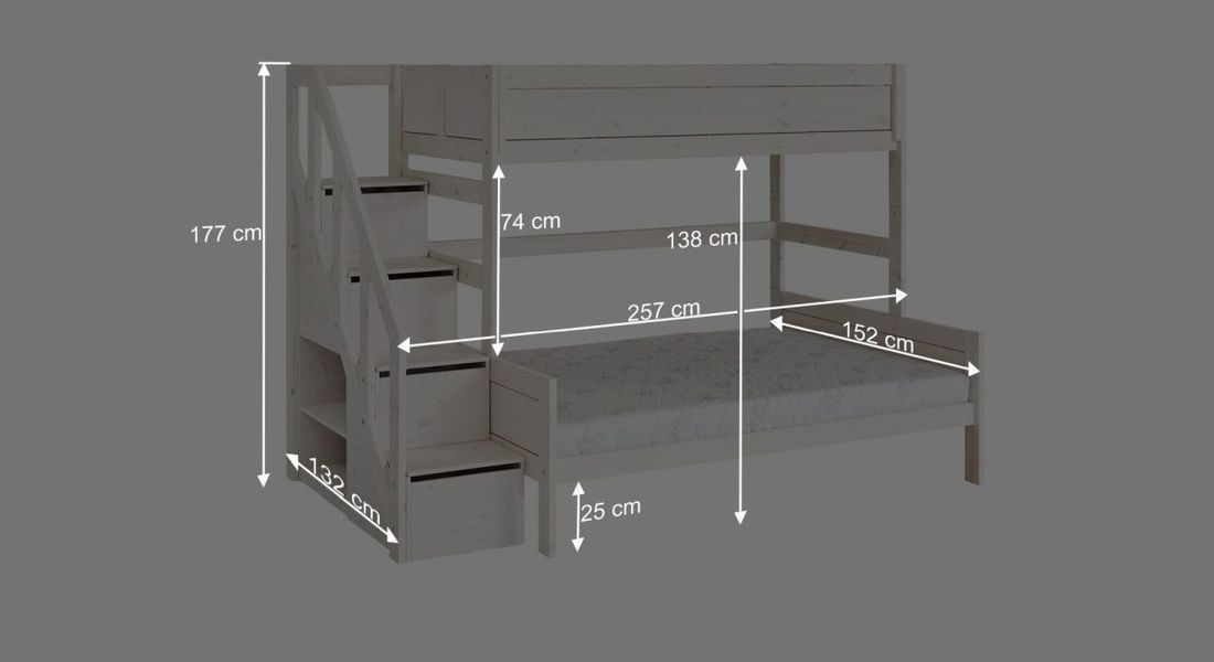 LIFETIME Familienbett Original Kiefer Massivholz mit Lattenrost undTreppenmodul
