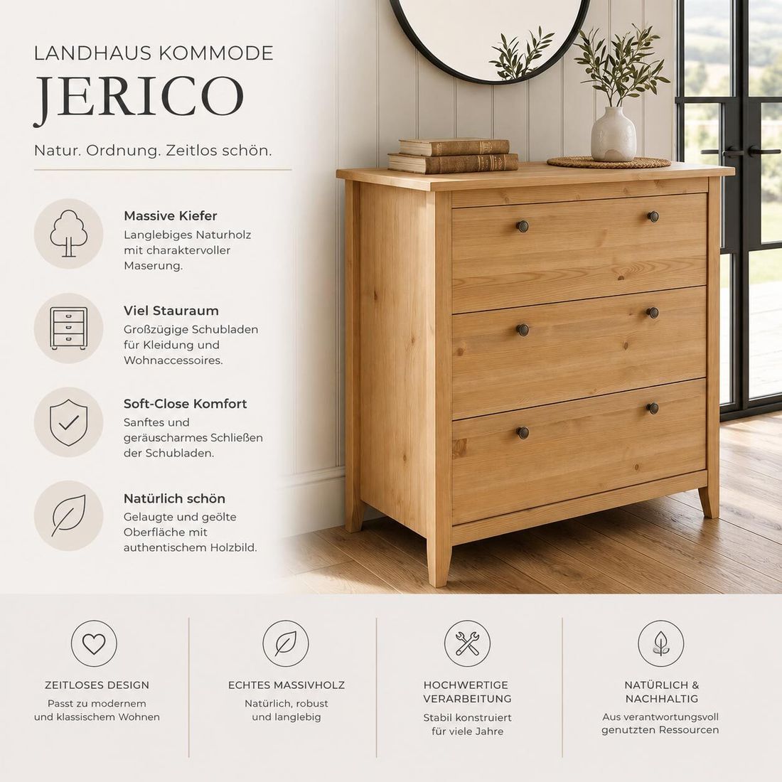 HOMELIV. Kommode Jerico Kiefer Massivholz mit Schubladen H 91cm