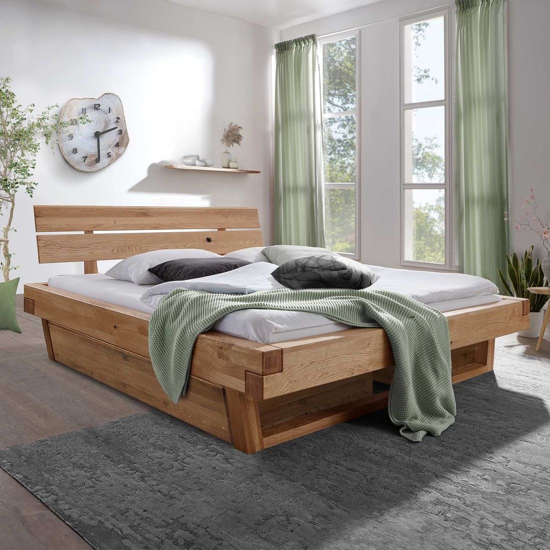 Balkenbett Muscari Wildeiche Massivholz mit Schubkasten