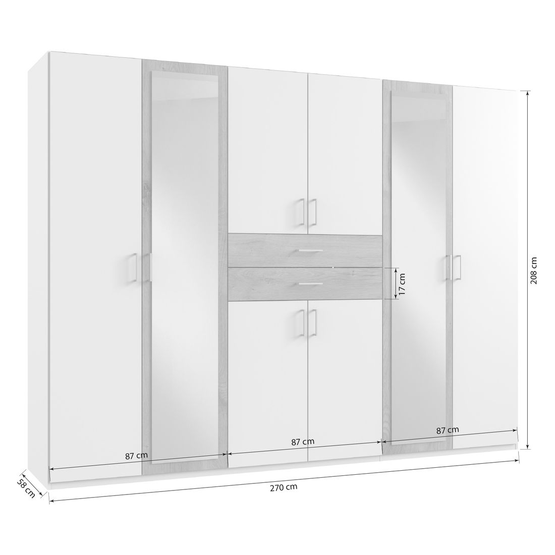 Drehtüren-Kleiderschrank Draha mit Spiegel und Schubladen H 208cm