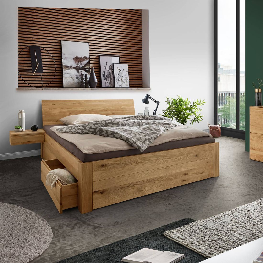 Bett Taric Komfort Wildeiche Massivholz mit Schubkasten