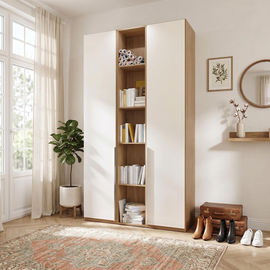 Drehtüren-Kleiderschrank Morolo Eiche Dekor mit Regal und Innenausstattung