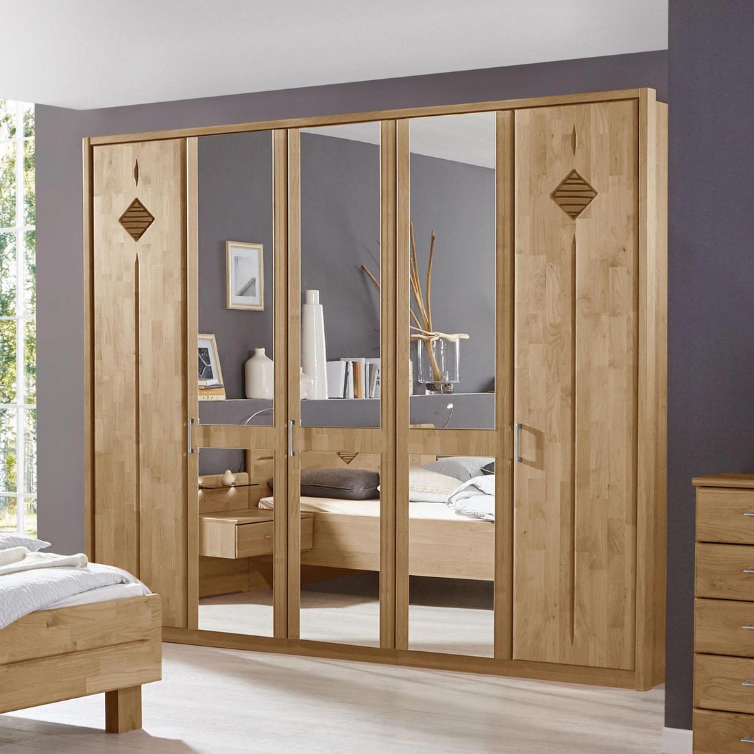 Drehtüren-Kleiderschrank Aliano Erle teilmassiv mit Spiegel H 216cm