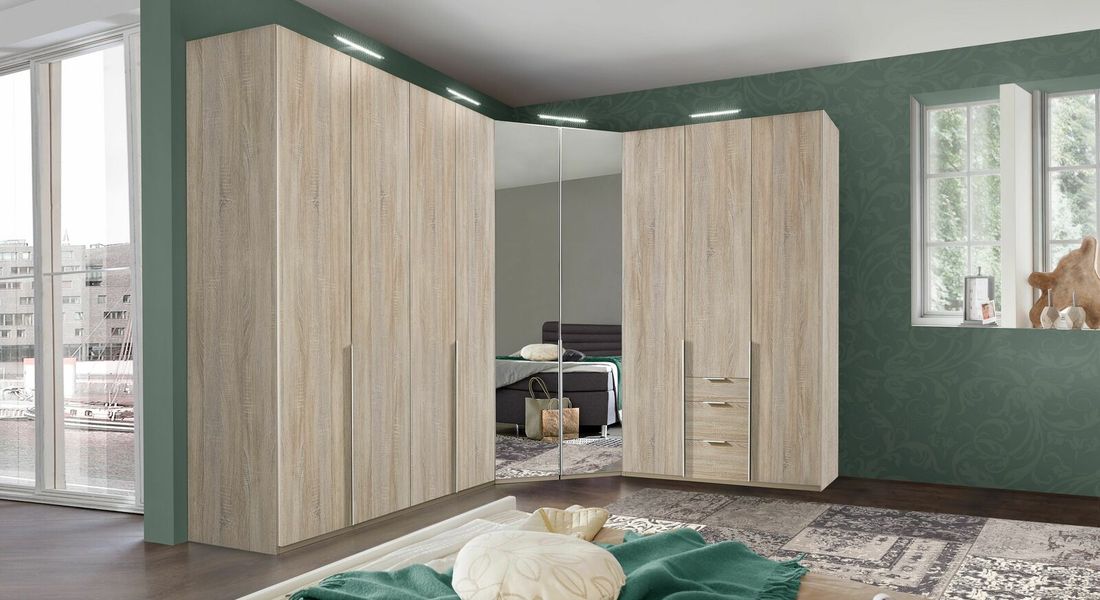 Eck-Kleiderschrank Coreno Eiche Dekor mit Beleuchtung und Spiegel