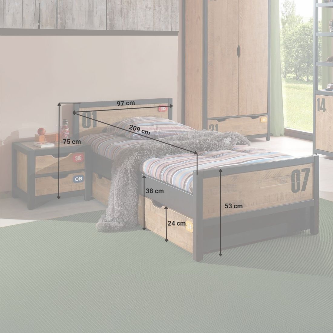 Ausziehbett Beli Kiefer teilmassiv mit Bettschublade
