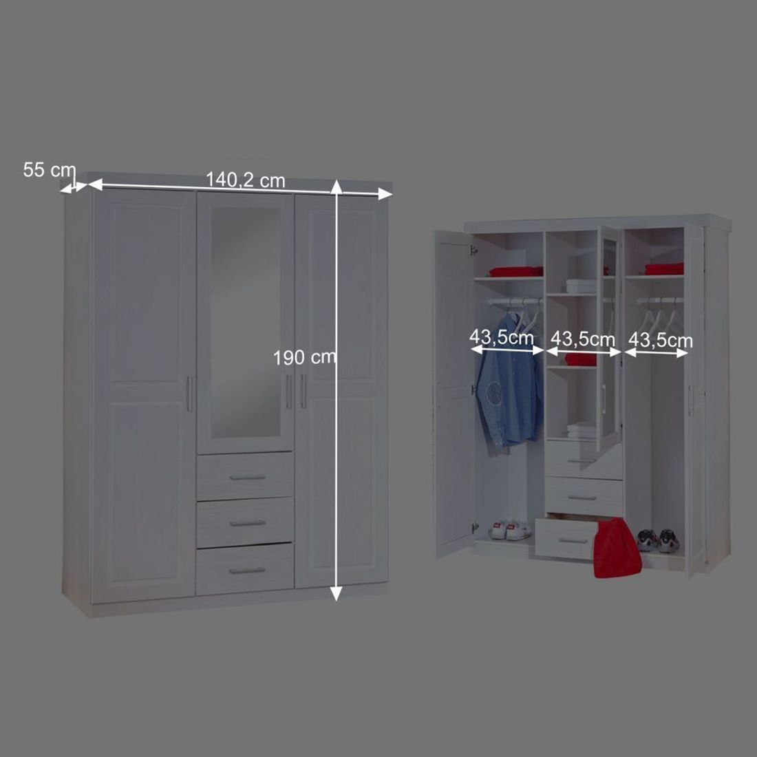 Drehtüren-Kleiderschrank Genf Kiefer Massivholz mit Spiegel und Schubladen