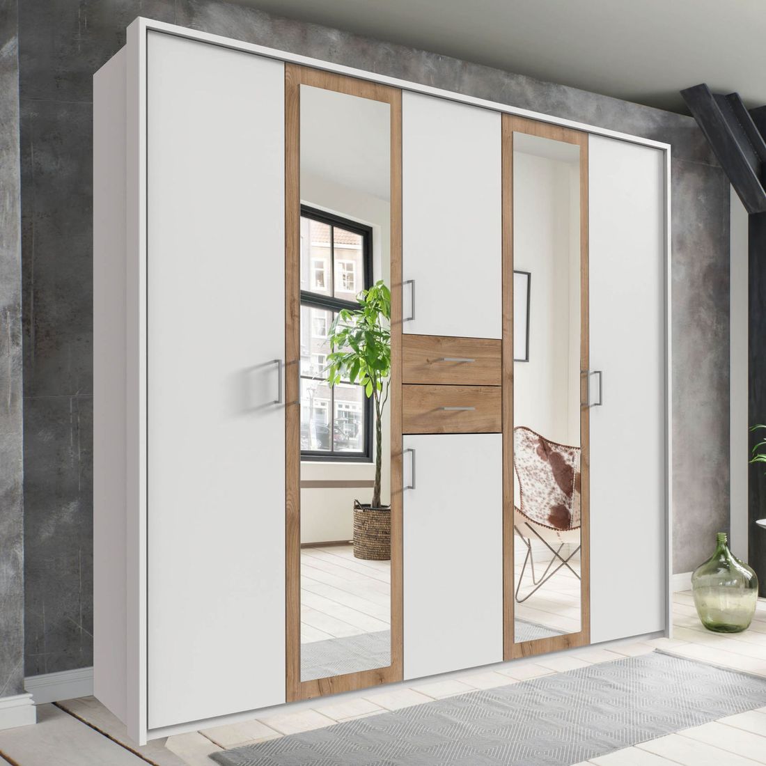 Drehtüren-Kleiderschrank Mozza mit Spiegel und Schubladen H 208cm