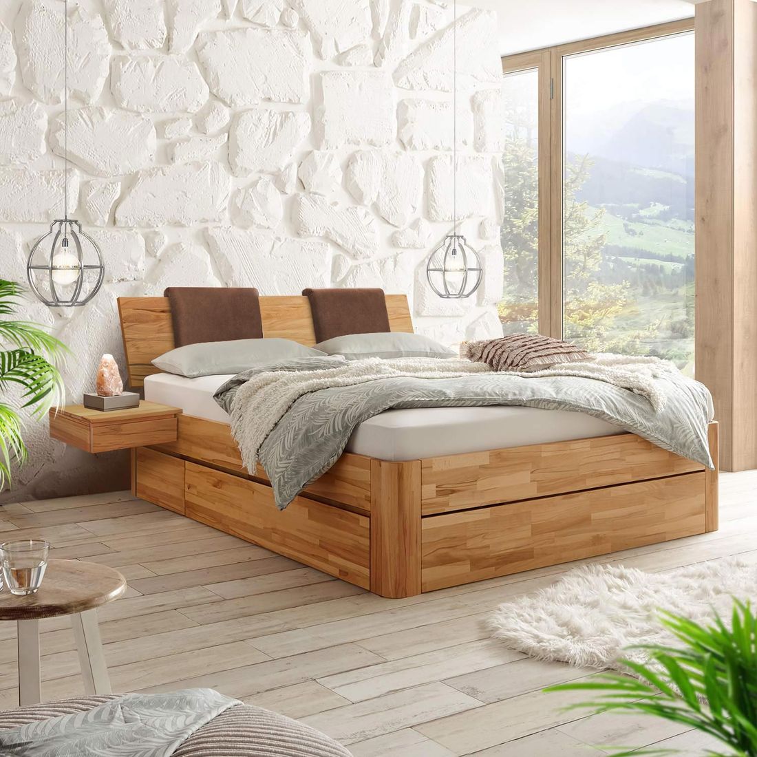Bett Zarbo Komfort Kernbuche Massivholz mit Schubkasten