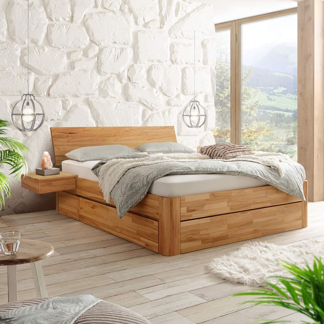 Bett Zarbo Komfort Kernbuche Massivholz mit Schubkasten