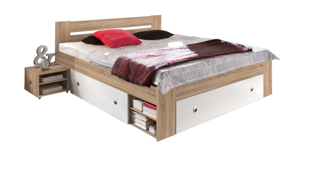 Bett Edvin Komfort Eiche Dekor mit Nachttischen und Schubkasten
