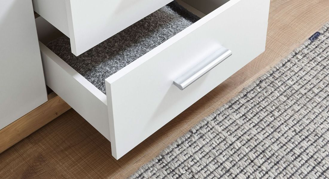 Drehtüren-Kleiderschrank Gelma Eiche Dekor mit Spiegel und Schubladen