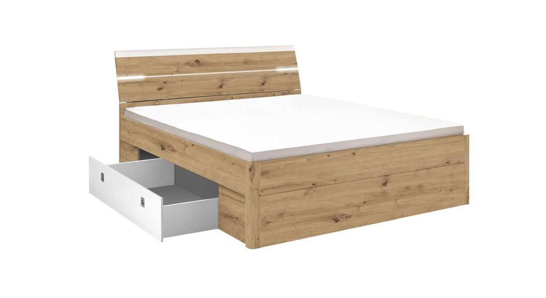 Bett Duana Komfort Eiche Dekor mit Nachttischen, Beleuchtung und Schubkasten