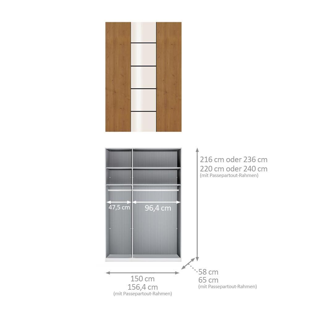 Drehtüren-Kleiderschrank Nuvira Eiche Dekor mit Glasfront