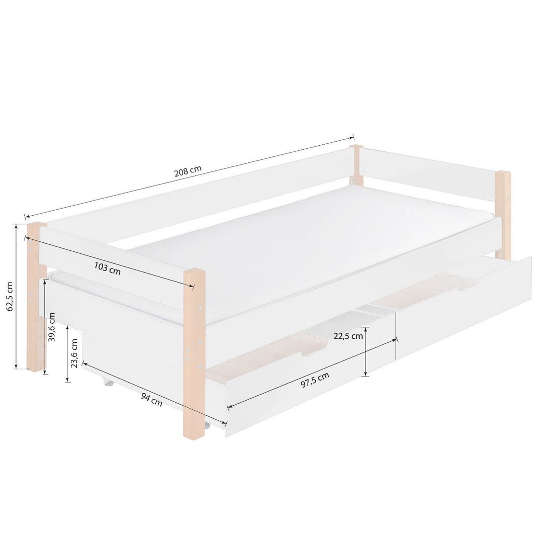 Bett Kids Nordic Buche teilmassiv mit Lattenrost und Schubkasten