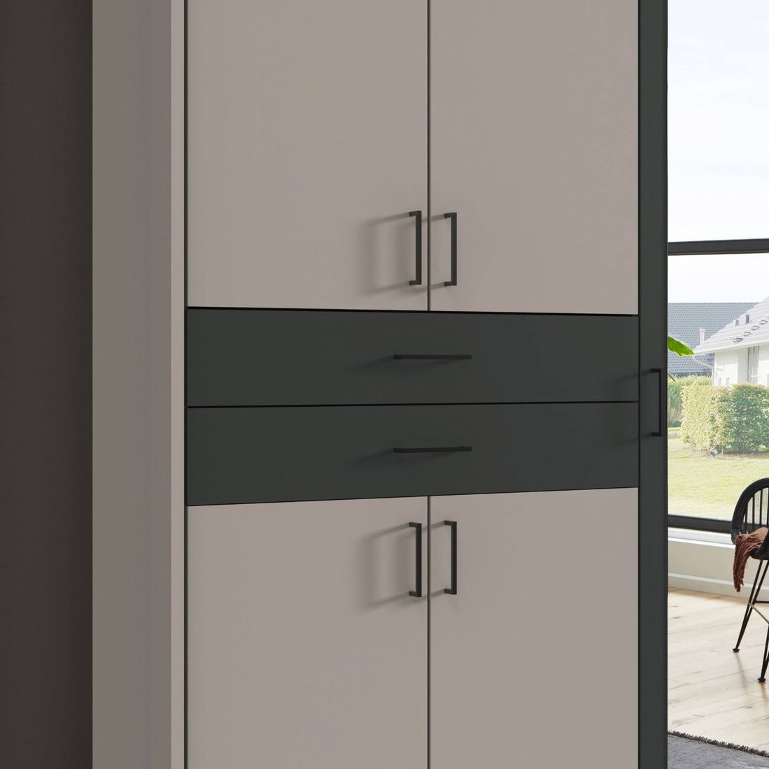 Drehtüren-Kleiderschrank Tredos mit Spiegel und Schubladen