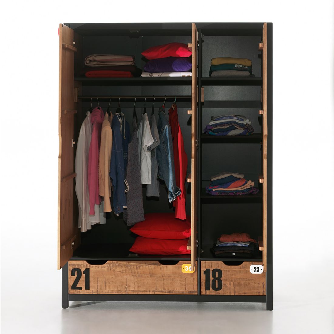 Drehtüren-Kleiderschrank Beli Kiefer teilmassiv mit Schubladen mit Innenausstattung H 200cm