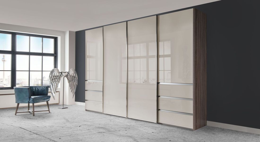 Schwebetüren-Kleiderschrank Tunica Eiche Dekor mit Glasfront und Schubladen