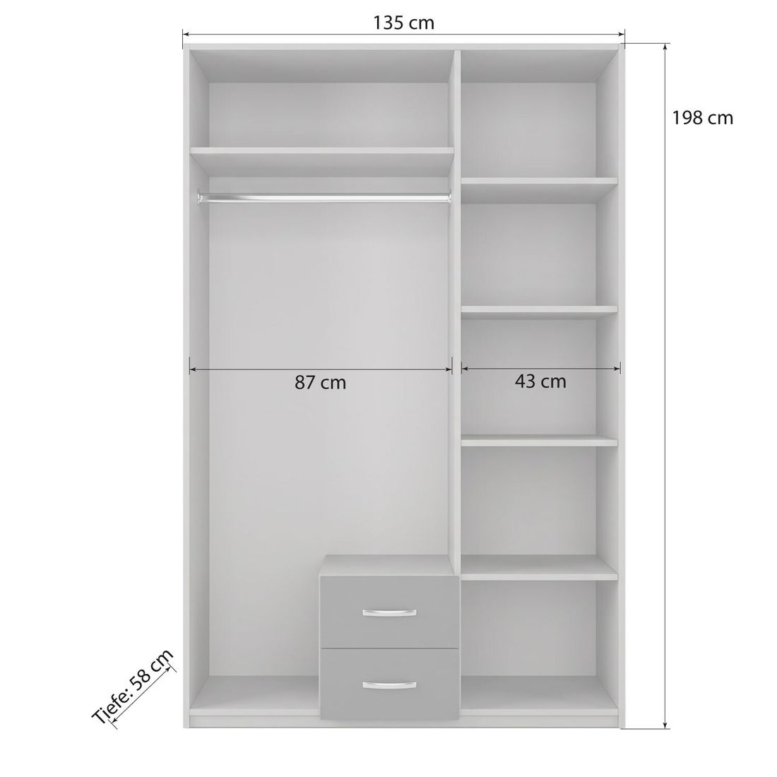 Drehtüren-Kleiderschrank Nolan mit Spiegel und Schubladen 135x198cm