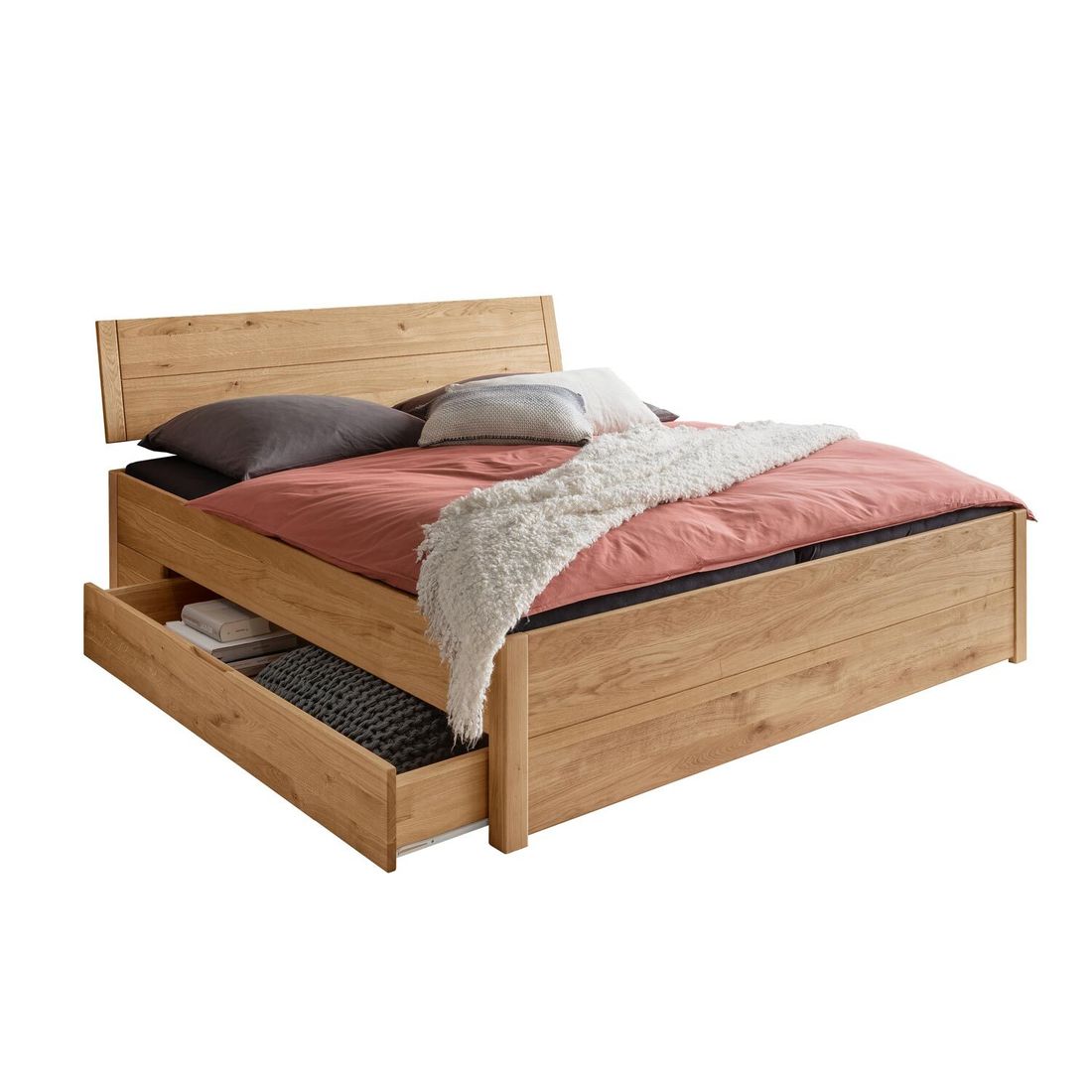 Bett Ortler Komfort Wildeiche Massivholz mit Schubkasten