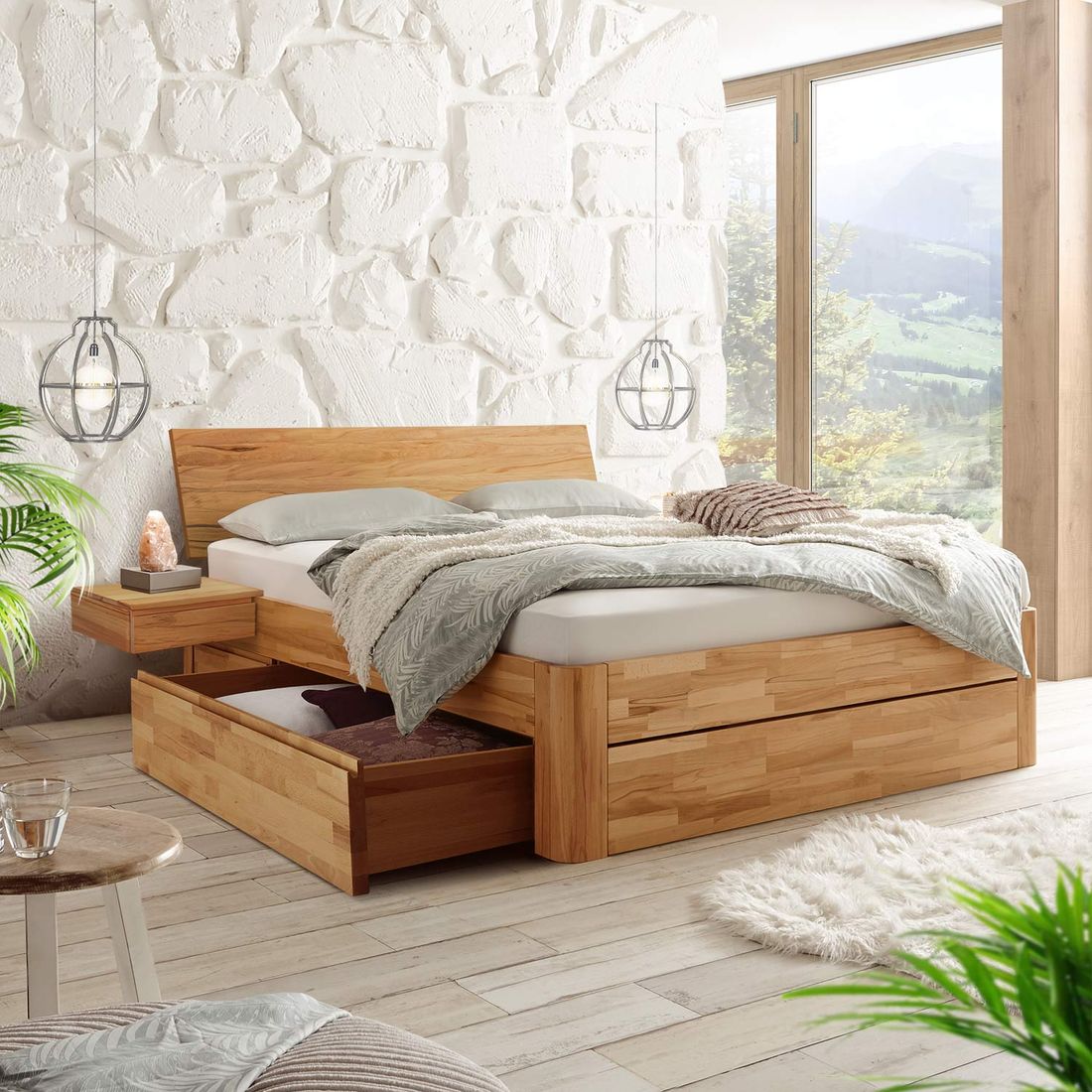 Bett Zarbo Komfort Kernbuche Massivholz mit Schubkasten
