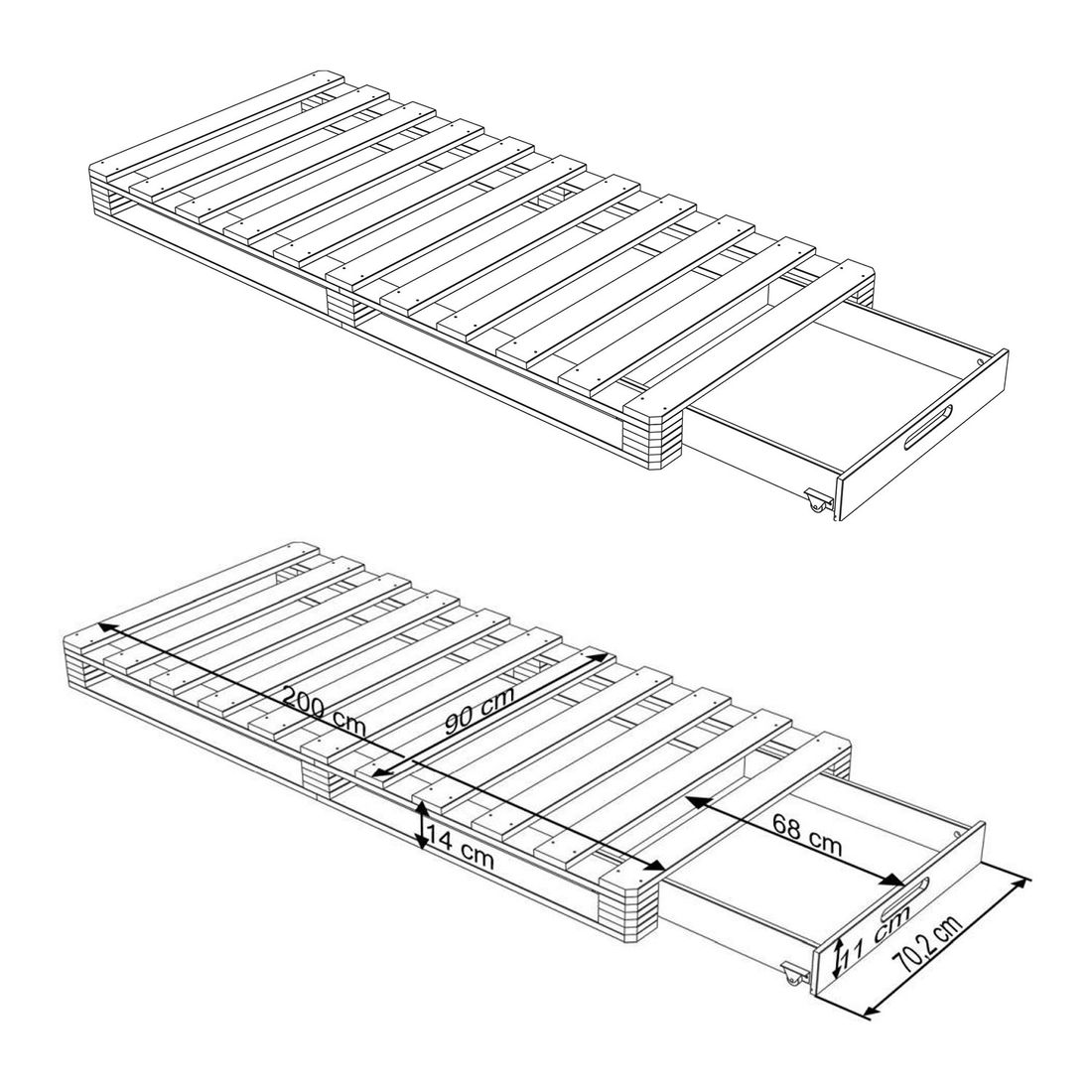 Palettenbett Nimba Kiefer Massivholz mit Schubkasten
