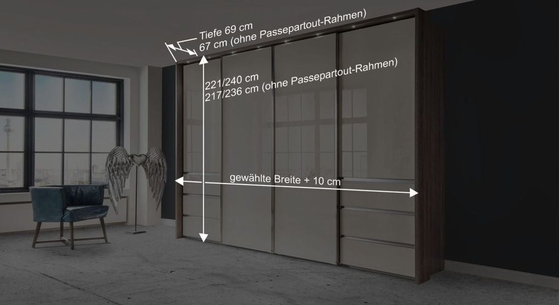 Schwebetüren-Kleiderschrank Tunica Eiche Dekor mit Glasfront und Schubladen