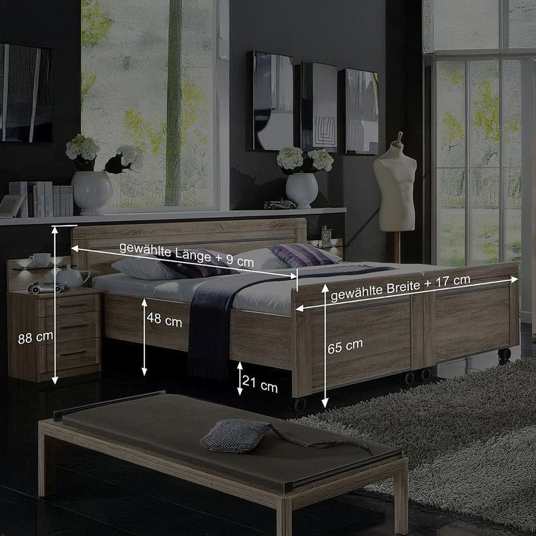 Senioren-Doppelbett Runcorn Komfort Eiche Dekor mit Rollen