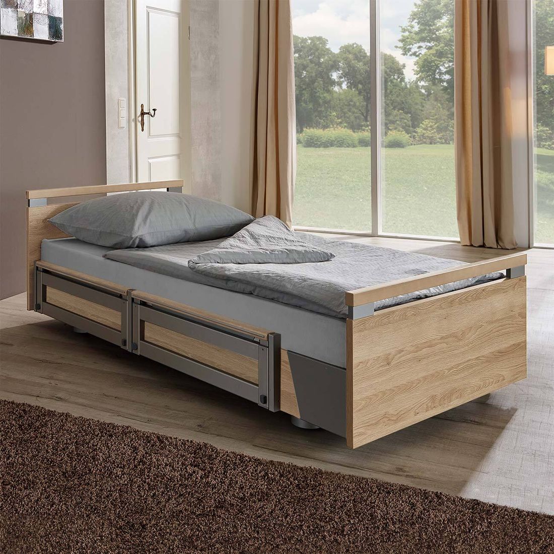 Komfortbett mit Pflegebett-Funktion Usedom Eiche/Akazie Dekor mit Tellerrost