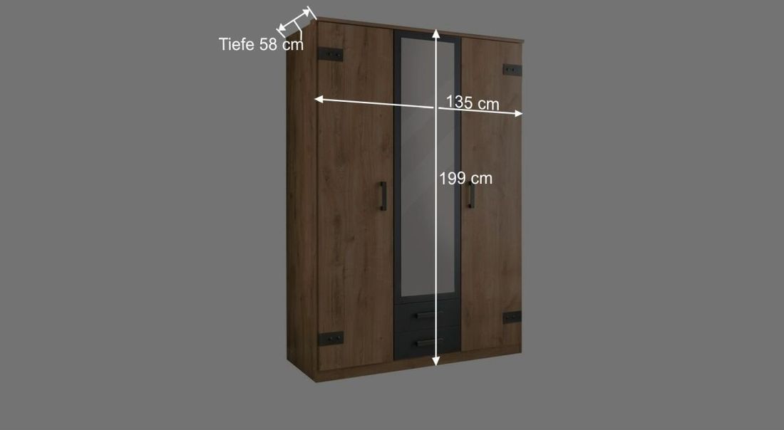 Drehtüren-Kleiderschrank Borlotto Eiche Dekor mit Schubladen mit Innenausstattung H 199cm