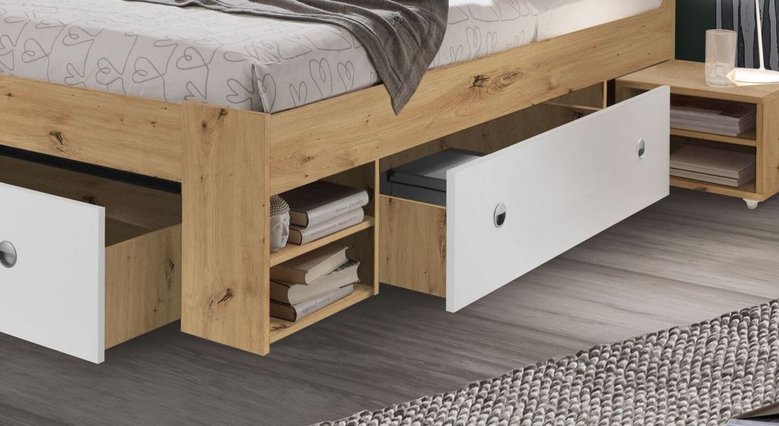 Bett Eibar Komfort Eiche Dekor mit Nachttischen und Schubkasten