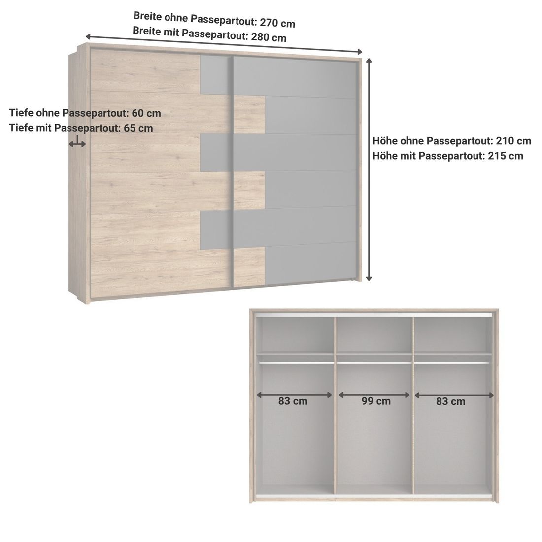 Schwebetüren-Kleiderschrank Igneo Eiche Dekor