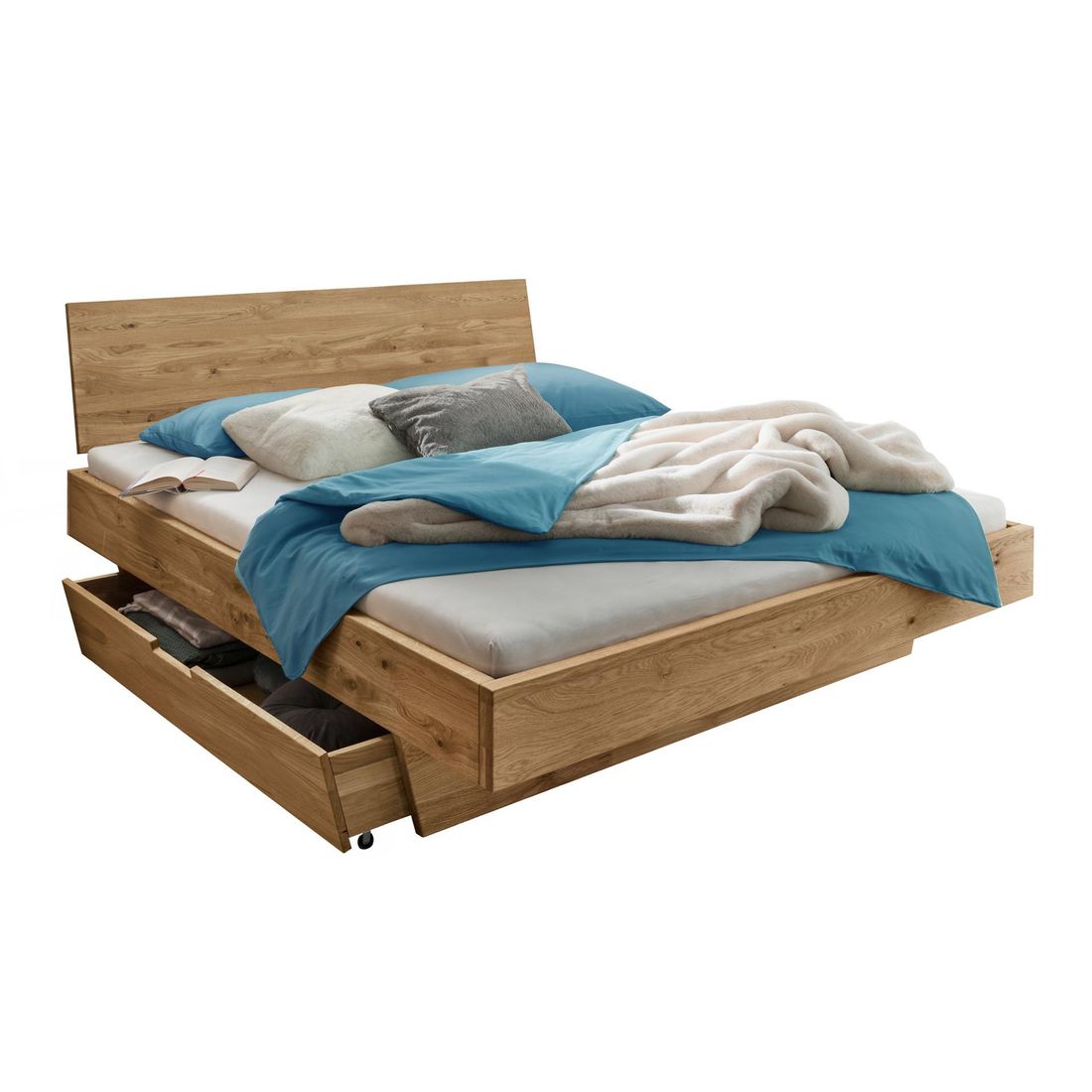 Bett Adrien Komfort Wildeiche Massivholz mit Schubkasten