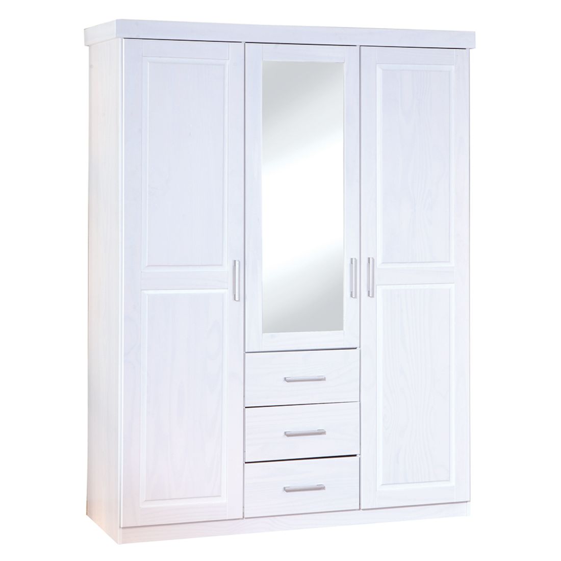 Drehtüren-Kleiderschrank Genf Kiefer Massivholz mit Spiegel und Schubladen